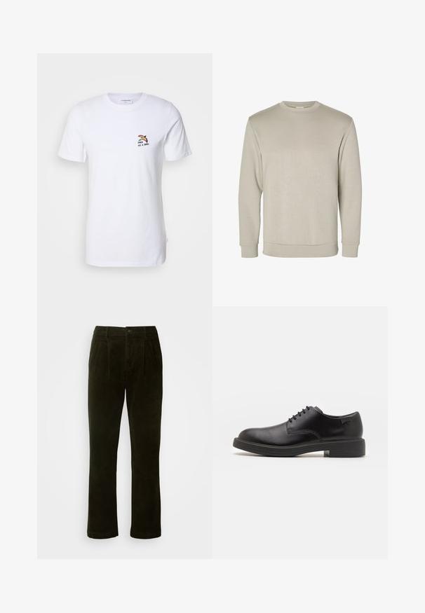 Šviesiai rudas ilgomis rankovėmis megztinis su apvalia iškirpte, pagamintas iš švelnios medžiagos, su raštuotais rankogaliais ir apatine dalimi, lygia tekstūra ir minimalistišku dizainu.; Lindbergh EMBROIDERY TEE SS - Marškinėliai su spaudiniu - white; Tamsiai žali švelniakailiai kelnės su tiesiomis kojomis, su priekinėmis klostėmis, mygtukų sagtimi ir minkštu tekstūriniu paviršiumi.; Juodas odinis batų modelis su raišteliais, apvaliu nosiu, lygiu paviršiumi, minimaliai siuvinėjimu ir žemu guminėmis pakulne. Ant pakulnės šalia logo.