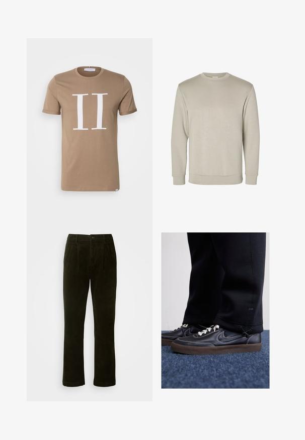 Beige lange mouw crewneck sweatshirt, gemaakt van zacht materiaal, met ribgebreide manchetten en zoom, met een gladde textuur en minimalistisch ontwerp.; Les Deux ENCORE T-SHIRT - T-shirt print - walnut/white; Donkergroene corduroy broeken met een rechte pijp, voorzien van voorplooien, een knoopsluiting en een zachte textuur.; Nike Sportswear KILLSHOT 2 LTR PRM OPP2 - Sneakers laag - black sail baroque brown mtlc dk grey