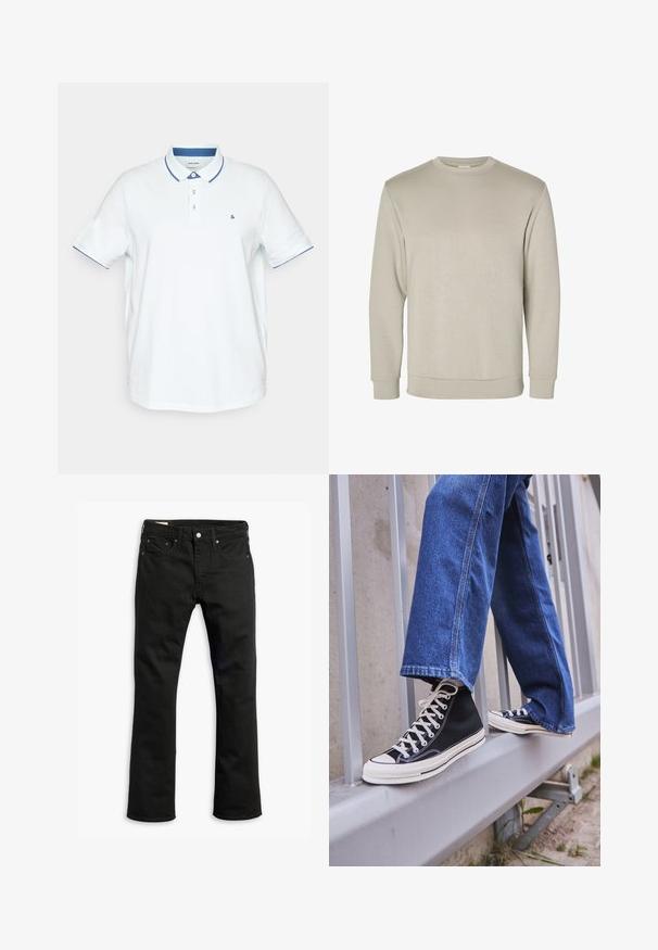 Beige dlouhý rukáv crewneck svetr, vyrobený z měkkého materiálu, s žebrovanými manžetami a lemem, s hladkou texturou a minimalistickým designem.; Jack & Jones JJEPAULOS SS NOOS PLS - Polotričko - soothing sea; Černé džíny z denimu se střihem rovného nohavice, pěti kapsami, kovovým zapínáním a jemnými švy. Hladká textura a jednobarevný design.; Černé vysoké tenisky s bílou podrážkou a tkaničkami, v kombinaci s volnými modrými džíny, odpočívající na šedém zábradlí.