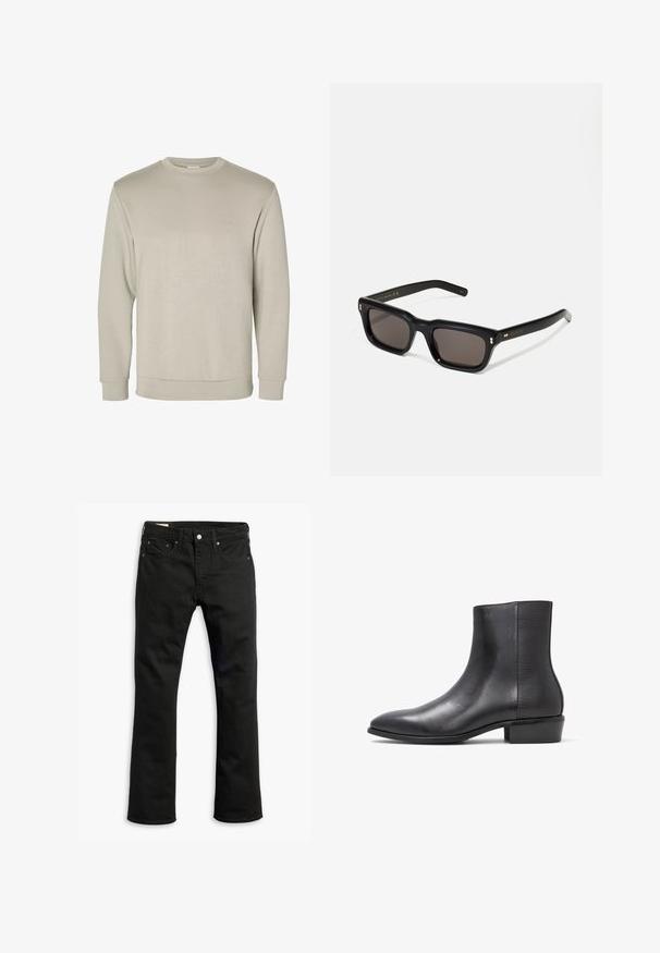 Beige lange mouw crewneck sweatshirt, gemaakt van zacht materiaal, met ribgebreide manchetten en zoom, met een gladde textuur en minimalistisch ontwerp.; Zwarte denim jeans met een recht gesneden ontwerp, vijf zakken, metalen knoopsluiting en subtiele stikseldetails. Gladde textuur en effen kleur.; ALDO PILLOWWALK+FLEX INSIDE ZIP AMUR - Lage laarzen - open black; Zwarte rechthoekige zonnebril met donkere lenzen, een dik plastic montuur, gouden accenten op de veren en het merkembleem gegraveerd op de arm.