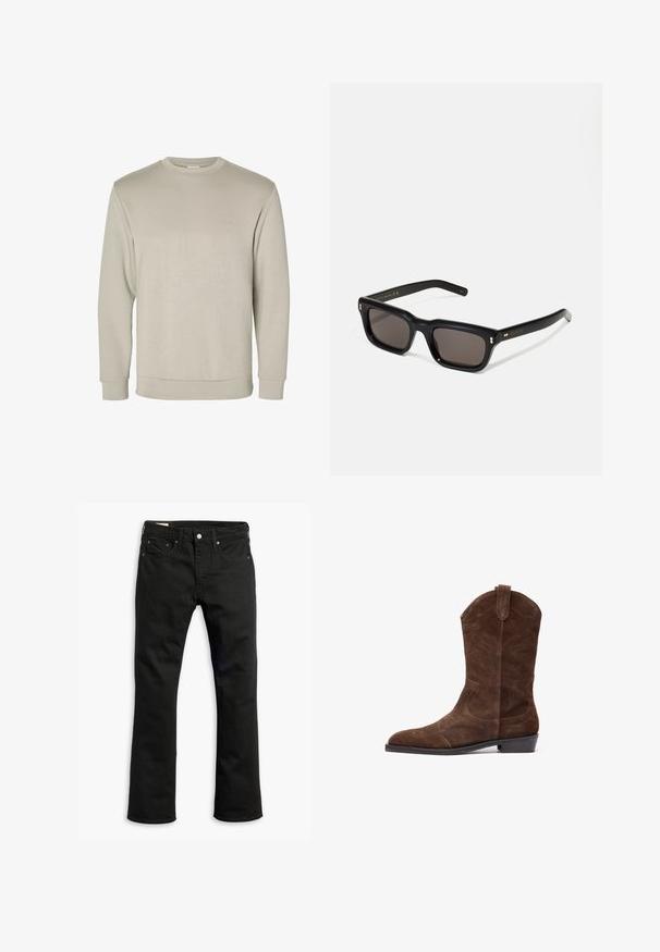 Beige long-sleeve crewneck sweatshirt, made from soft material, featuring ribbed cuffs and hem, with a smooth texture and minimalistic design.; Black denim jeans with a straight leg design, five pockets, metal button closure, and subtle stitching details. Smooth texture and solid color.; Brown suede cowboy boot with a pointed toe, embossed stitching details, and a low stacked heel. Features side pull tabs for easy wear.; Black rectangular sunglasses with dark lenses, thick plastic frame, gold accents on temples, and brand logo engraved on the arm.