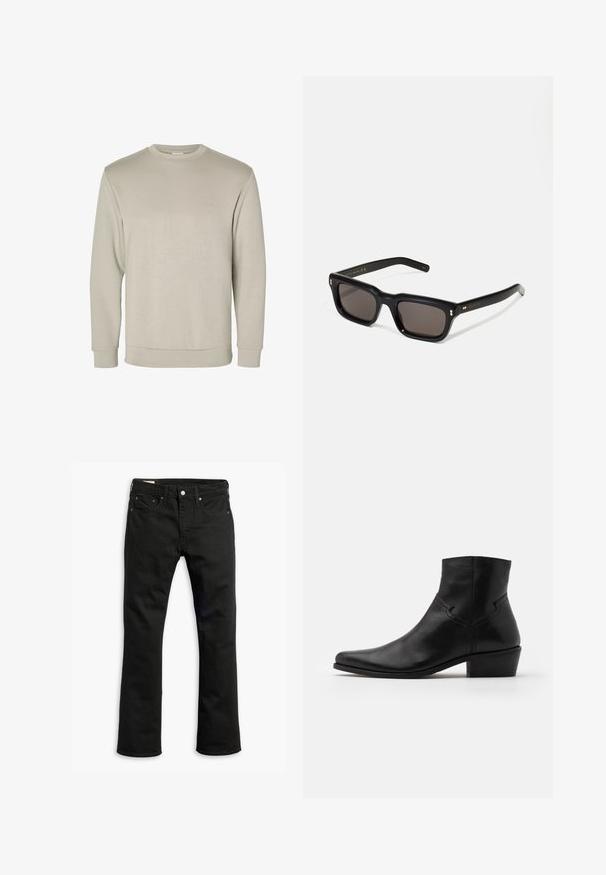 Beżowy sweter z długim rękawem i okrągłym dekoltem, wykonany z miękkiego materiału, z prążkowanymi mankietami i dołem, charakteryzujący się gładką fakturą i minimalistycznym designem.; Czarne dżinsy o prostym kroju nogawki, pięcioma kieszeniami, metalowym zapięciem na guzik oraz subtelnymi detalami przeszycia. Gładka tekstura i jednorodny kolor.; Czarne skórzane botki za kostkę z ostrym noskiem, minimalnymi detalami szwów, średniej wysokości obcasem blokowym i gładkim, wypolerowanym wykończeniem.; Czarne prostokątne okulary przeciwsłoneczne z ciemnymi soczewkami, grubą plastikową oprawą, złotymi akcentami na zausznikach oraz wygrawerowanym logo marki na ramieniu.