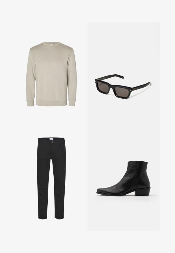 Beige långärmad crewneck sweatshirt, tillverkad av mjukt material, med ribbstickade muddar och fåll, som har en slät yta och en minimalistisk design.; Svarta denimjeans har fem fickor, dragkedja, slim fit och subtila sömdetaljer. Tyget har en jämn textur.; Svart läderankelsko med spetsig tå, minimal sömnadsdetaljer, en medelhög blockklack och en slät, polerad yta.; Svarta rektangulära solglasögon med mörka linser, tjock plastbåge, guldfinish på skalmarna och varumärkeslogotyp graverad på armen.