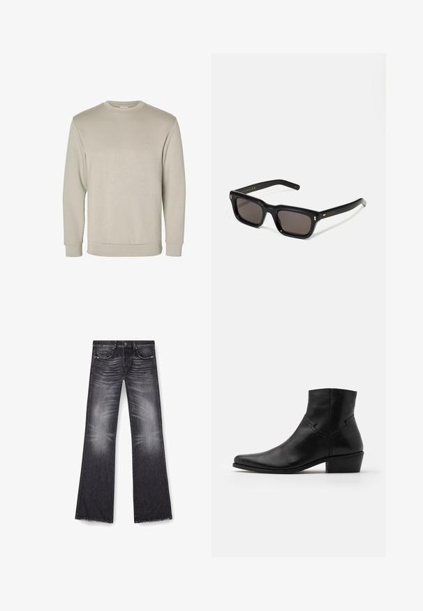 Beige dlouhý rukáv crewneck svetr, vyrobený z měkkého materiálu, s žebrovanými manžetami a lemem, s hladkou texturou a minimalistickým designem.; Černé rozšířené džíny s vybledlým odstínem, pěti kapsami a jemným poškozením na stehnech. Obsahují zapínání na knoflík a stojaté švy.; Černá kožená kotníková bota s špičatou špičkou, minimálním množstvím švů, střední blokovou podpatečkou a hladkým, lesklým povrchem.; Černé obdélníkové sluneční brýle s tmavými skly, silným plastovým rámem, zlatými akcenty na spáncích a vyrytým logem značky na nožičce.