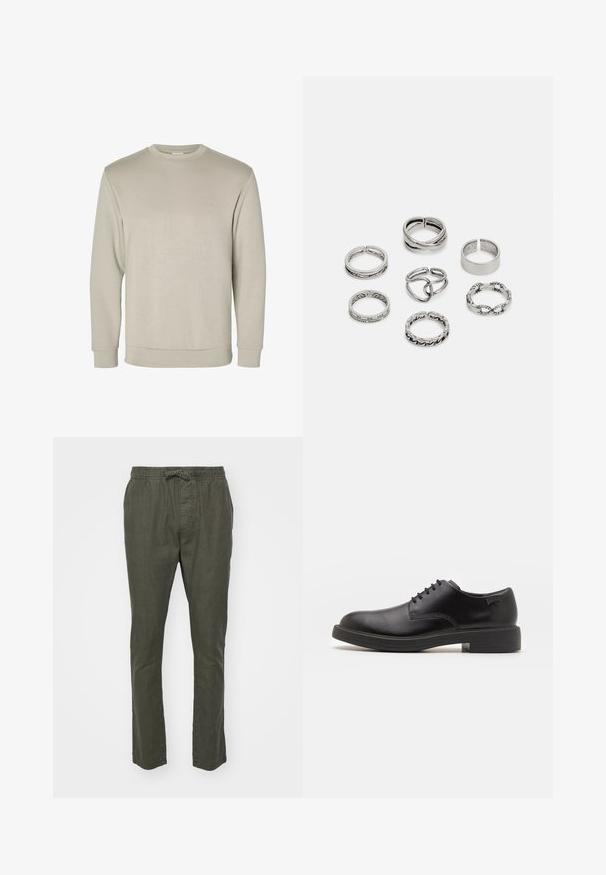 Beige long-sleeve crewneck sweatshirt, made from soft material, featuring ribbed cuffs and hem, with a smooth texture and minimalistic design.; Olive green, lightweight, woven pants with an elastic waistband and drawstring. Straight-leg fit with side pockets and a smooth texture.; Black leather lace-up shoe with a rounded toe, smooth texture, minimal stitching, and a low rubber heel. Logo on the heel.; Set of seven silver rings featuring various designs, including twisted, linked, and engraved patterns. Different shapes and widths.