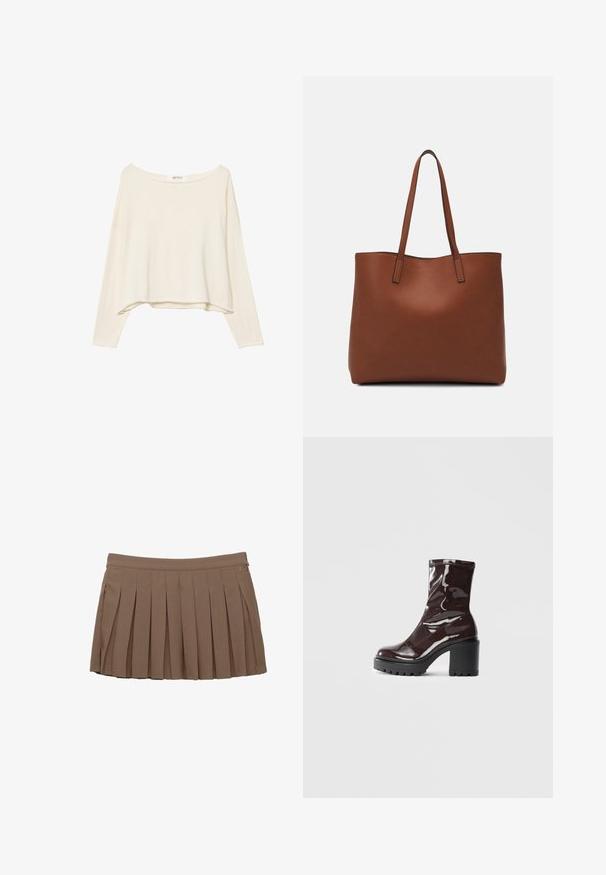Jasno beżowy, krótki sweter z szerokim dekoltem, długimi rękawami i miękkim, teksturowanym materiałem. Posiada luźny, pudełkowy krój.; Brąskowa, plisowana mini spódnica z paskiem w talii i subtelnym logo po bokach na białym tle.; Błyszczące bordowe botki za kostkę z masywną czarną obcasem, charakteryzujące się gładką teksturą i prostym wzornictwem. Brak widocznych zapięć lub wzorów.; Brązowa skórzana torba tote o gładkiej fakturze, z otwartym wierzchem i dwoma ramiączkami. Charakteryzuje się minimalnym przeszyciem i brakiem widocznych elementów metalowych.