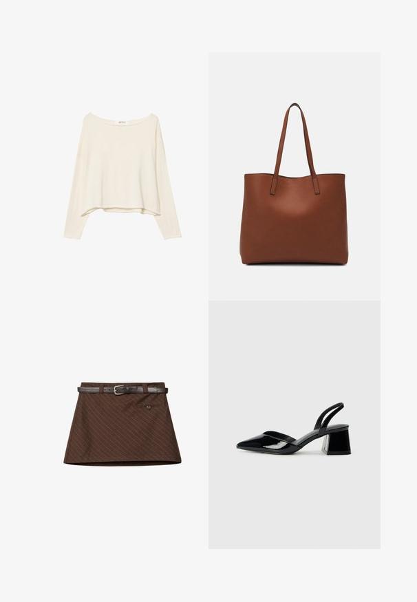Helles beige, verkürztes Sweatshirt mit weiter Ausschnitt, langen Ärmeln und einem weichen, strukturierten Stoff. Verfügt über eine entspannte, kastige Passform.; Brauner Rock mit einem subtilen Nadelstreifenmuster, ausgestattet mit einem braunen Leder-Gürtel, einer einzigen Fronttasche und einer strukturierten A-Linien-Form.; Schwarze Lackleder-Slingback-High Heels mit spitzem Schuh und einem geometrischen Blockabsatz. Verfügt über ein schlankes, minimalistisches Design und eine glatte Textur.; Braune Leder-Tote mit glatter Textur, offenem Oberteil und zwei Schulterriemen. Verfügt über minimale Nähte und keine sichtbaren Beschläge.