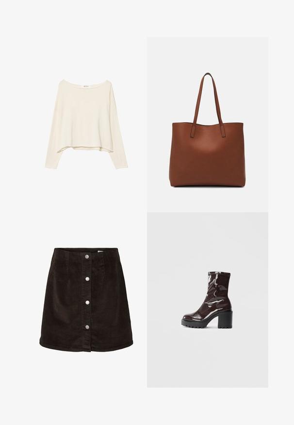 Svetlo bež skrajšana sweatshirt z širokim izrezom, dolgimi rokavi in mehkim, teksturiranim materialom. Ima sproščen, kvadraten kroj.; Temno rjava kordujska krilca A-linije z petimi srebrnimi gumbi na sprednji strani in rahlim razširjenjem na robu.; Sijajan škrlatank z bleščečim videzom, z masivnim črnim peto, ki se ponaša z gladko teksturo in preprostim dizajnom. Brez vidnih zapenjal ali vzorcev.; Rjava usnjena torba z gladko teksturo, odprto zasnovo zgoraj in dvema naramnima trakovoma. Opremljena je z minimalnim šivanjem in brez vidnih kovinskih delov.