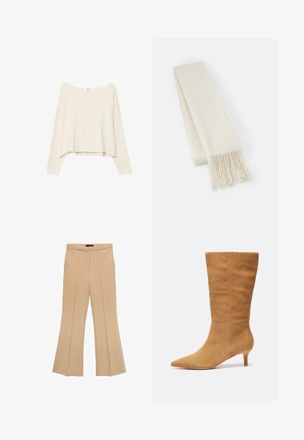 Light beige cropped sweatshirt with a wide neckline, long sleeves, and a soft, textured fabric. Features a relaxed, boxy fit.; Beige flared trousers in a smooth fabric, featuring front pleats and a tailored design, with a high waist and no visible fastenings.; Zign Boots - beige; White wool scarf, rectangular shape, smooth texture, features fringed ends for added detail.; Brown leather bag with a gathered top and a chain strap. Smooth texture with a glossy finish and subtle seam detailing on the sides.