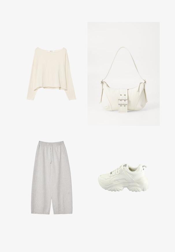 Svetlobežová skrátená mikina s širokým výstrihom, dlhými rukávmi a mäkkou, textúrovanou látkou. Má uvoľnený, štvorcový strih.; Svetlošedé tepláky s elastickým pásom a šnúrkou, majú voľný strih a hladkú textúru, ideálne pre pohodlie a každodenné nosenie.; Biely teniska s robustným dizajnom, hladkým syntetickým zvrškom, polstrovaným golierom a textúrovanou gumovou podrážkou s diamantovým vzorom.; Biela taška cez rameno s textúrovaným povrchom, centrálnou prackou a zakriveným tvarom. Zipsy na oboch stranách.