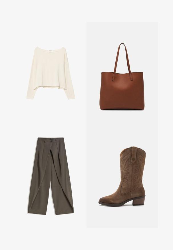 Jasno beżowy, krótki sweter z szerokim dekoltem, długimi rękawami i miękkim, teksturowanym materiałem. Posiada luźny, pudełkowy krój.; Spodnie o szerokich nogawkach wykonane z teksturowanej, ciemnoszarej tkaniny. Posiadają fałdy z przodu, zapięcie na guzik oraz boczne kieszenie dla wygody.; mtng TEO brązowy; Brązowa skórzana torba tote o gładkiej fakturze, z otwartym wierzchem i dwoma ramiączkami. Charakteryzuje się minimalnym przeszyciem i brakiem widocznych elementów metalowych.