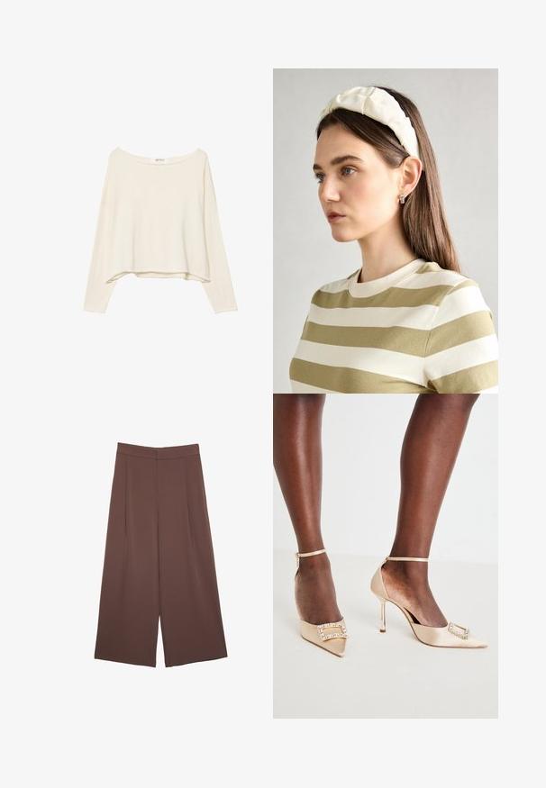 Lys beige cropped sweatshirt med bred halsudskæring, lange ærmer og et blødt, tekstureret stof. Har en afslappet, boxy pasform.; Brune bredbunde bukser med en glat tekstur, der har høj talje og plisseringer foran. Stoffet er let og falder løst.; Beige satin højhælede sko med spidse tåer, der har en smykket spænde detalje og ankelrem. Blank stiletto hæle.; Cremefarvet, polstret pandebånd med snoet design, parret med en beige og hvid stribet skjorte med rund hals. diskrete smykke accenter.