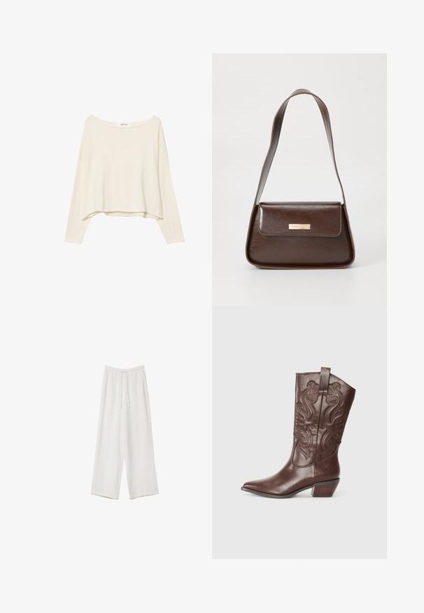 Helles beige, verkürztes Sweatshirt mit weiter Ausschnitt, langen Ärmeln und einem weichen, strukturierten Stoff. Verfügt über eine entspannte, kastige Passform.; Weiße weit geschnittene Hose aus leichtem Stoff. Mit einem elastischen Bund und Kordelzug sowie Seitentaschen. Glatte Textur.; Braune Leder-Cowboystiefel mit spitzer Zehenpartie, dekorativer Stickerei am Schaft und niedrigem, gestapeltem Absatz. Glatte Textur mit glänzendem Finish.; Braune Lederschultertasche mit strukturierter Form, ausgestattet mit einem magnetischen Klappenverschluss und einem metallischen Logoakzent auf der Vorderseite.