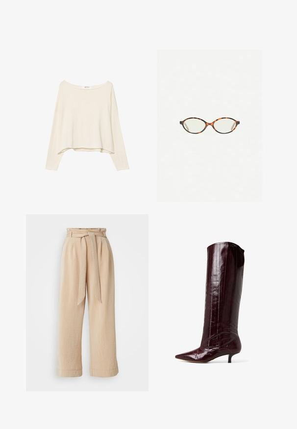 Sweatshirt court beige clair avec un large col, des manches longues et un tissu doux et texturé. Présente une coupe décontractée et carrée.; Pantalons beige à jambe large avec une taille ceinturée, fabriqués en tissu texturé. Présente un pli avant et une finition lisse le long de l'ourlet.; Botte au genou bordeaux en matériau verni brillant. Présente un bout pointu et un petit talon avec des lignes verticales décoratives sur la tige.; Lunettes en écaille de tortue avec des verres ovales et une finition lisse et élégante. Présente des branches fines avec une courbure subtile au niveau des tempes. Verres transparents.; Sac à épaule en cuir verni marron foncé avec un haut froncé et une fine bandoulière réglable, présentant un petit détail de fermoir en argent à l'avant.