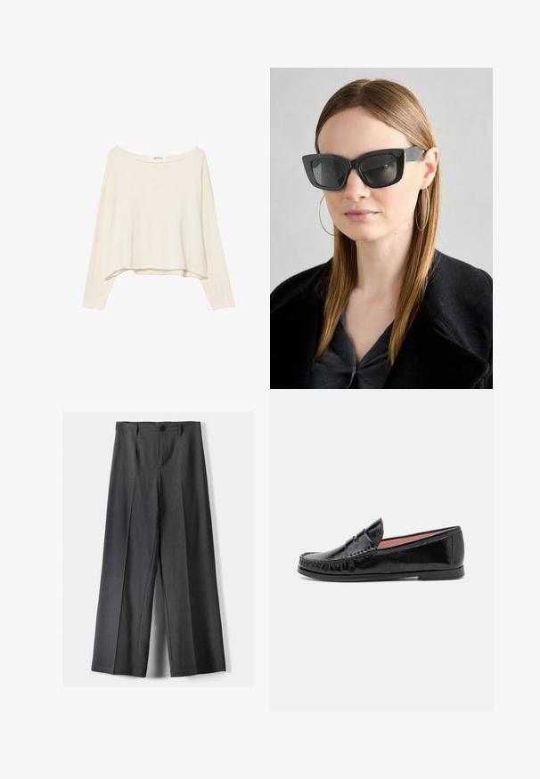 Ljusbeige kort sweatshirt med bred nacke, långa ärmar och ett mjukt, texturerat tyg. Har en avslappnad, boxig passform.; Breda byxor i mörkgrått tyg, med knäppning, framvikt och bältesöglor. Slät textur med skräddarsydd design.; Svarta lackskinnsloafers med rundad tå, dekorativ söm på ovandelen och en låg, platt gummisula.; Svarta katterformade solglasögon med mörka linser, tjocka bågar och subtila detaljer. Bärs tillsammans med en svart kappa och en grå topp, med långt rakt hår.