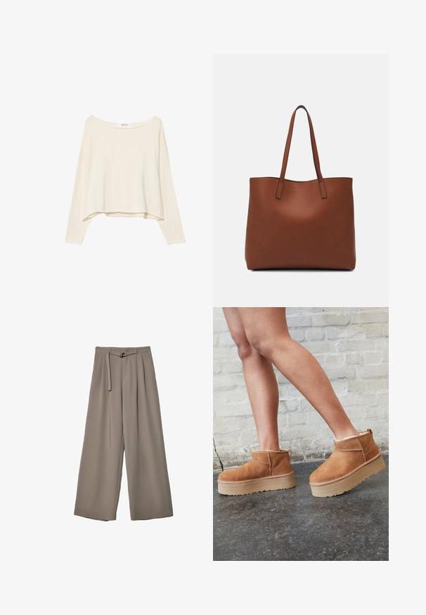 Svetlobežová skrátená mikina s širokým výstrihom, dlhými rukávmi a mäkkou, textúrovanou látkou. Má uvoľnený, štvorcový strih.; Široké nohavice v jemnej, tlmenej šedej tkanine, s opaskom v pase a vreckami pre dodatočný dizajnový detail. Hladký povrch, bez vzorov.; Hnedé semišové kotníkové čižmy s mäkkou podšívkou, hrubou béžovou platformou a zadným pútkom na obutie. Textúrovaný povrch s viditeľnými švami.; Hnedá kožená taška na rameno s hladkou textúrou, otvoreným vrchom a dvoma ramenými popruhmi. Má minimálne šitia a žiadne viditeľné kovania.