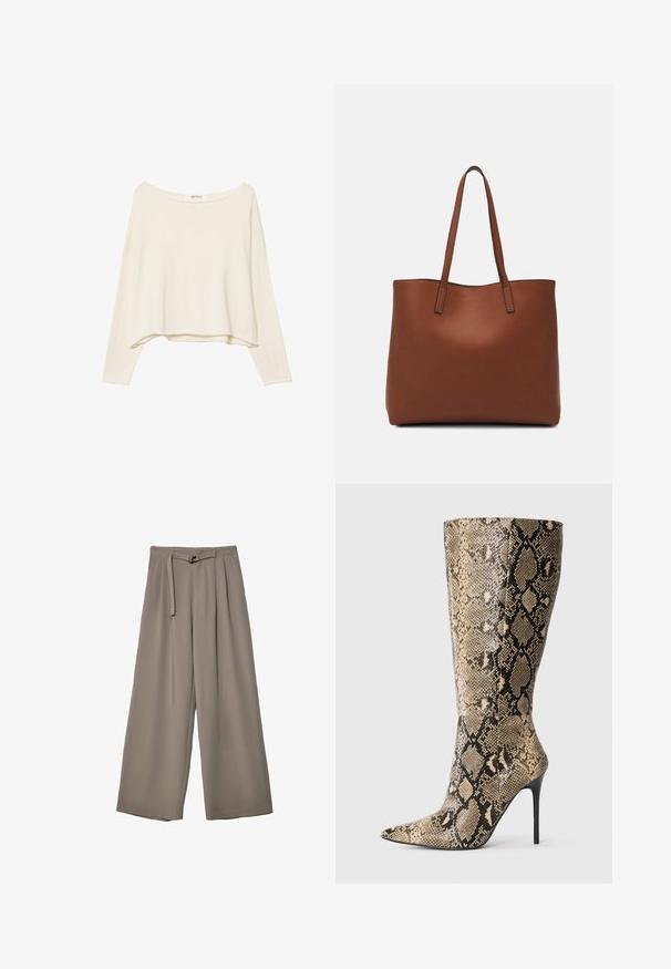 Svetlo bež skrajšana sweatshirt z širokim izrezom, dolgimi rokavi in mehkim, teksturiranim materialom. Ima sproščen, kvadraten kroj.; Široke hlače iz mehke, umirjene sive tkanine, z pasom, ki ga je mogoče zavezati, in z gubami za dodatne oblikovne podrobnosti. Gladka tekstura, brez vzorcev.; Stiletto škornji do kolen s izostrenim nosom in bež-črnim vzorcem kače, prikazani s strani na enobarvni podlagi.; Rjava usnjena torba z gladko teksturo, odprto zasnovo zgoraj in dvema naramnima trakovoma. Opremljena je z minimalnim šivanjem in brez vidnih kovinskih delov.