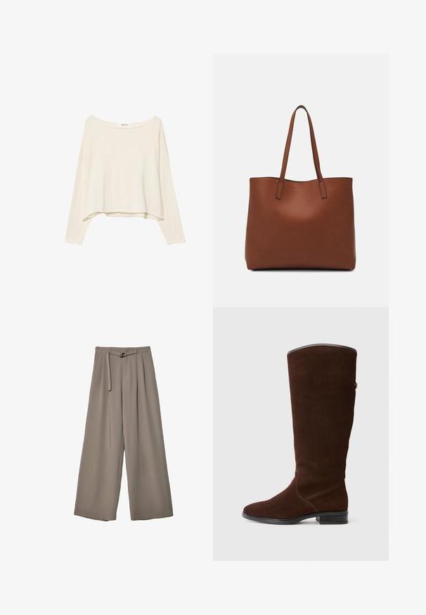 Sweatshirt court beige clair avec un large col, des manches longues et un tissu doux et texturé. Présente une coupe décontractée et carrée.; Pantalons évasés en tissu gris doux et muted, avec une taille ceinturée et des plis pour un détail de design supplémentaire. Texture lisse, sans motifs.; Botte haute en daim marron, avec un embout arrondi, des détails de couture subtils et un petit talon carré. Doublure lisse au bord supérieur.; Sac fourre-tout en cuir marron avec une texture lisse, design à ouverture supérieure et deux poignées pour le porter à l'épaule. Présente des coutures minimales et aucun matériel visible.