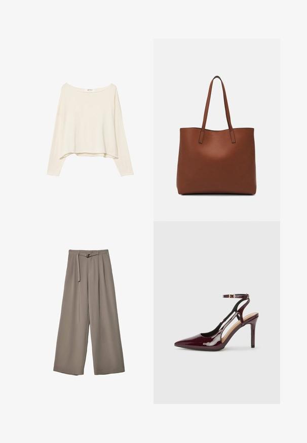 Svetlo bež skrajšana sweatshirt z širokim izrezom, dolgimi rokavi in mehkim, teksturiranim materialom. Ima sproščen, kvadraten kroj.; Široke hlače iz mehke, umirjene sive tkanine, z pasom, ki ga je mogoče zavezati, in z gubami za dodatne oblikovne podrobnosti. Gladka tekstura, brez vzorcev.; Burgundy lakasta usnjena čevlja z visokim peto in koničastim nosom, z naramnicami okoli gležnja ter izrezanjem na straneh. Sijajen in gladek videz.; Rjava usnjena torba z gladko teksturo, odprto zasnovo zgoraj in dvema naramnima trakovoma. Opremljena je z minimalnim šivanjem in brez vidnih kovinskih delov.