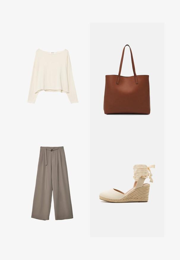Svetlo bež skrajšana sweatshirt z širokim izrezom, dolgimi rokavi in mehkim, teksturiranim materialom. Ima sproščen, kvadraten kroj.; Široke hlače iz mehke, umirjene sive tkanine, z pasom, ki ga je mogoče zavezati, in z gubami za dodatne oblikovne podrobnosti. Gladka tekstura, brez vzorcev.; Bežni espadrilni wedge s platnenim zgornjim delom, odprtim prstom in mehkimi satenskimi vezalkami. Teksturiran jutikov wedge z pletenim vzorcem.; Rjava usnjena torba z gladko teksturo, odprto zasnovo zgoraj in dvema naramnima trakovoma. Opremljena je z minimalnim šivanjem in brez vidnih kovinskih delov.