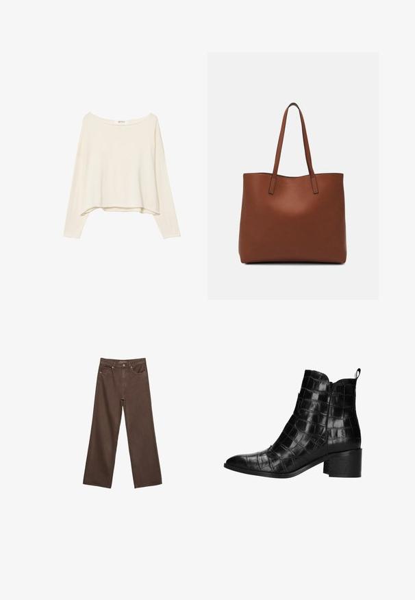 Helles beige, verkürztes Sweatshirt mit weiter Ausschnitt, langen Ärmeln und einem weichen, strukturierten Stoff. Verfügt über eine entspannte, kastige Passform.; Weite braune Jeans aus Denim, mit hoher Taille, Fronttaschen und klassischem Knopfverschluss. Glatte Textur mit feinen Nähten.; Schwarze Ankle Boots mit Krokodilprägung, spitz zulaufender Zehenpartie, Reißverschluss und einem klobigen Absatz. Glatte, glänzende Oberfläche.; Braune Leder-Tote mit glatter Textur, offenem Oberteil und zwei Schulterriemen. Verfügt über minimale Nähte und keine sichtbaren Beschläge.