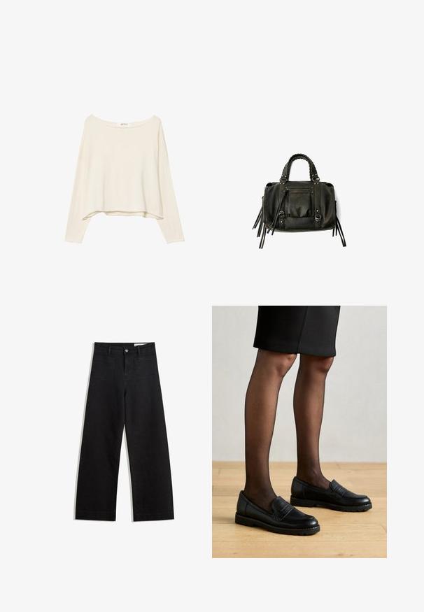 Svijetlosmeđa skraćena trenerka s širokim izrezom, dugim rukavima i mekanim, teksturiranim materijalom. Ima opušteni, kutni kroj.; Crne široke traperice s visokim strukom, s prednjim i stražnjim džepovima, šivenim šavovima i kopčanjem na gumb. Glatka tekstura.; Crne kožne mokasinke s teksturiranim panelom, gumenim potplatom i zaobljenim vrhom, nosene s prozirnim crnim čarapama i prilagođenom suknjom.; Crna kožna torba s pletenim ručkama, džepom na zatvarač i visećim resicama. Teksturirana površina s metalnim zakovicama i hardverskim naglascima.