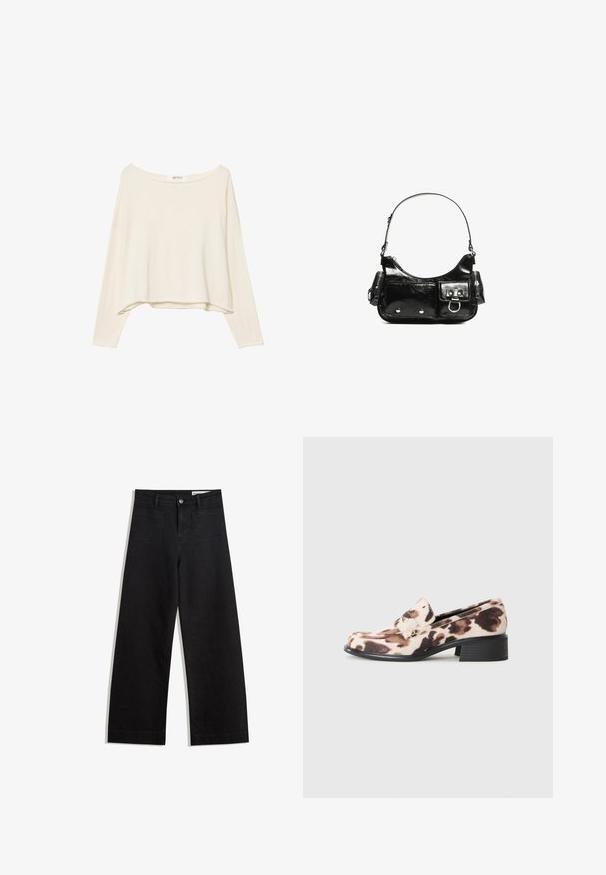 Helles beige, verkürztes Sweatshirt mit weiter Ausschnitt, langen Ärmeln und einem weichen, strukturierten Stoff. Verfügt über eine entspannte, kastige Passform.; Schwarze weit geschnittene Jeans mit hoher Taille, ausgestattet mit Vorder- und Hintertaschen, gesteppten Nähten und einem Knopfverschluss. Glatte Textur.; Niedrigabsatz-Lederloafer mit schwarzem gestapeltem Absatz, Obermaterial aus beige-braunem Tierdruckstoff und dekorativem Riemen über dem Spann.; Schwarze Lackleder-Handtasche mit geschwungenem Design, einem Schulterriemen, Vordertaschen und silberfarbenen Hardware-Akzenten.