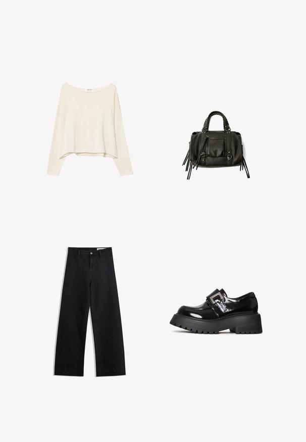 Helles beige, verkürztes Sweatshirt mit weiter Ausschnitt, langen Ärmeln und einem weichen, strukturierten Stoff. Verfügt über eine entspannte, kastige Passform.; Schwarze weit geschnittene Jeans mit hoher Taille, ausgestattet mit Vorder- und Hintertaschen, gesteppten Nähten und einem Knopfverschluss. Glatte Textur.; Schwarze Lackleder-Plateauschuhe mit einer dicken Sohle, die eine Schnallenakzentuierung und ein elegantes Design aufweisen. Strukturiertes Profil für besseren Halt.; Schwarze Lederhandtasche mit geflochtenen Griffen, Reißverschlussfach und hängenden Quasten. Strukturiert Oberfläche mit Metallnieten und Hardware-Akzenten.