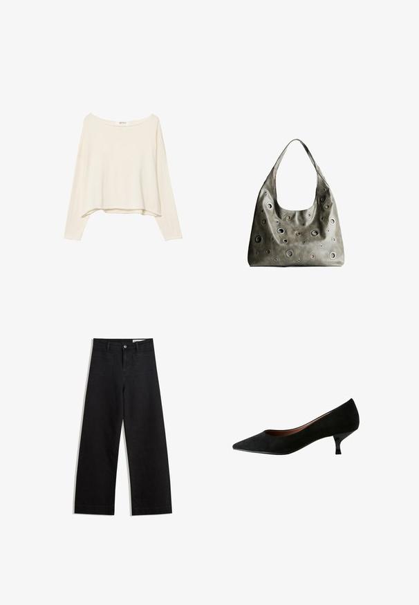 Vaaleanbeige lyhythihainen huppari, jossa on leveä kaula-aukko, pitkät hihat ja pehmeä, teksturoitu kangas. Ominaisuutena rento, laatikkomainen muoto.; Mustat leveät farkut korkealla vyötäröllä, joissa on etu- ja takataskut, ommellut saumat ja nappisuljenta. Silkinoinen rakenne.; Next REGULAR FIT - FOREVER COMFORT POINT TOE KITTEN HEELS - Avokkaat - mottled black; Oliivinvihreä nahkalaukku, jossa on rento muotoilu, ja jossa on erilaisia kokoisia pyöreitä läpivientejä sekä tummempia ja vaaleampia yksityiskohtia.
