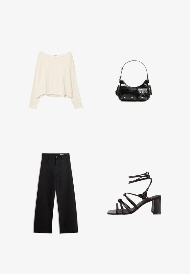 Ljusbeige kort sweatshirt med bred nacke, långa ärmar och ett mjukt, texturerat tyg. Har en avslappnad, boxig passform.; Svarta vida denimbyxor med hög midja, med fram- och bakfickor, sydda sömmar och knappstängning. Slät textur.; Svartklackade sandaler med flätade remmar, en kraftig klack och en platt fyrkantig tå. Tillverkad av slätt läder med en texturerad finish.; Svart lackläderhandväska med en rundad form, en axelrem, framfickor och detaljer i silverfärg.