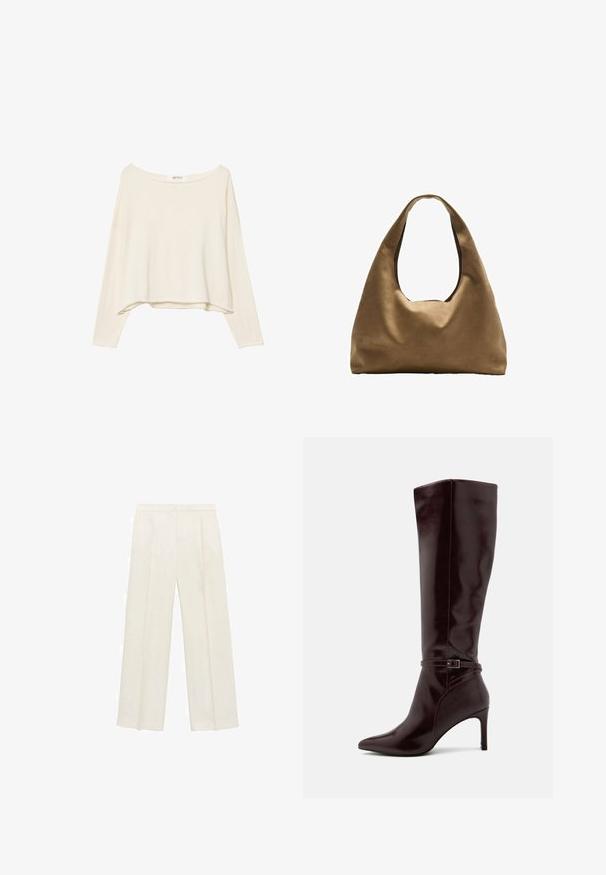 Helles beige, verkürztes Sweatshirt mit weiter Ausschnitt, langen Ärmeln und einem weichen, strukturierten Stoff. Verfügt über eine entspannte, kastige Passform.; Weit geschnittene Hosen in einem hellen cremefarbenen Farbton. Hergestellt aus einem glatten Stoff mit Falten an der Vorderseite und seitlichen Taschen.; Anna Field Stiefel - bordeaux; Braune Stoffschultertasche mit einem breiten, runden Körper und einem großen Ausschnittgriff. Sanfte Textur, minimalistisches Design und keine sichtbaren Beschläge.