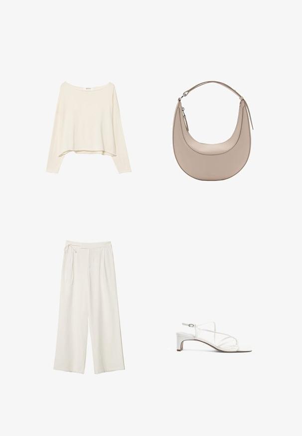 Sweatshirt court beige clair avec un large col, des manches longues et un tissu doux et texturé. Présente une coupe décontractée et carrée.; Pantalons larges en tissu blanc cassé avec une texture lisse. Dotés d'une taille nouée et d'un devant plissé, conçus pour un ajustement décontracté.; Sandale blanche à talon avec un design de brides fines, bout carré et un petit talon bloc. Fini lisse avec un détail de bride réglable à la cheville.; Sac à épaule en cuir beige de forme croissante, texture lisse, avec une seule poignée courbée. Il possède une fermeture zippée et des coutures soignées.