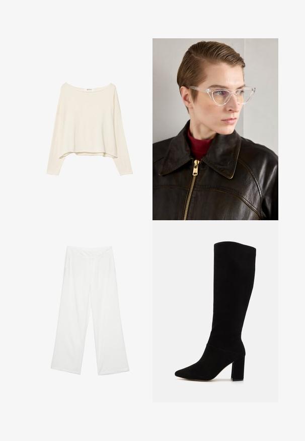 Ljusbeige kort sweatshirt med bred nacke, långa ärmar och ett mjukt, texturerat tyg. Har en avslappnad, boxig passform.; Breda byxor i vitt material, med en slät yta, framfickor och en klassisk midja med bälteshål.; Svarta knähöga stövlar i mocka, med spetsig tå, blockklack och en slät yta utan synliga mönster eller detaljer.; Klart acetat cat-eye glasögon med gult tonade linser, bar av en person i en mörk läderjacka och röd polotröja. Slät yta.; Svart läder tote-väska med en mjuk, sluttande design, breda handtag och slät yta. Ingen synlig hårdvara eller utsmyckningar.