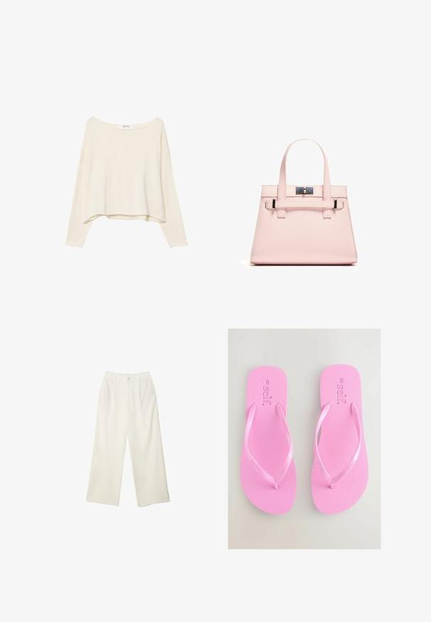 Light beige cropped sweatshirt with a wide neckline, long sleeves, and a soft, textured fabric. Features a relaxed, boxy fit.; Wide-leg trousers in cream fabric with a smooth texture, featuring a single front button, subtle pleats, and a high waist design.; Pink rubber flip-flops with textured footbed and thin, smooth straps. Brand name "self." embossed on the footbed.; Pink structured handbag made of textured leather, featuring two top handles, a clasp closure, and contrasting metal accents.