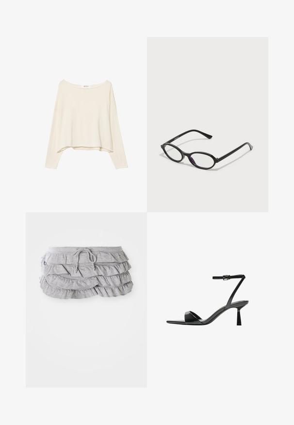 Vaaleanbeige lyhythihainen huppari, jossa on leveä kaula-aukko, pitkät hihat ja pehmeä, teksturoitu kangas. Ominaisuutena rento, laatikkomainen muoto.; Harmaa röyhelöskirt, jossa on kerroksellinen kangasdesign, naru vyötäröllä, pehmeä tekstuuri, viimeistellyt reunat ja valuva röyhelö.; Bershka Korolliset sandaalit - black; Mustat soikeat kehykset, joissa on puoliläpinäkyvät violetit yksityiskohdat linssissä. Kehykset ovat mattapintaiset ja hoikalla, suoralinjaisella varrella.; Bershka WITH CHAIN - Käsilaukku - black