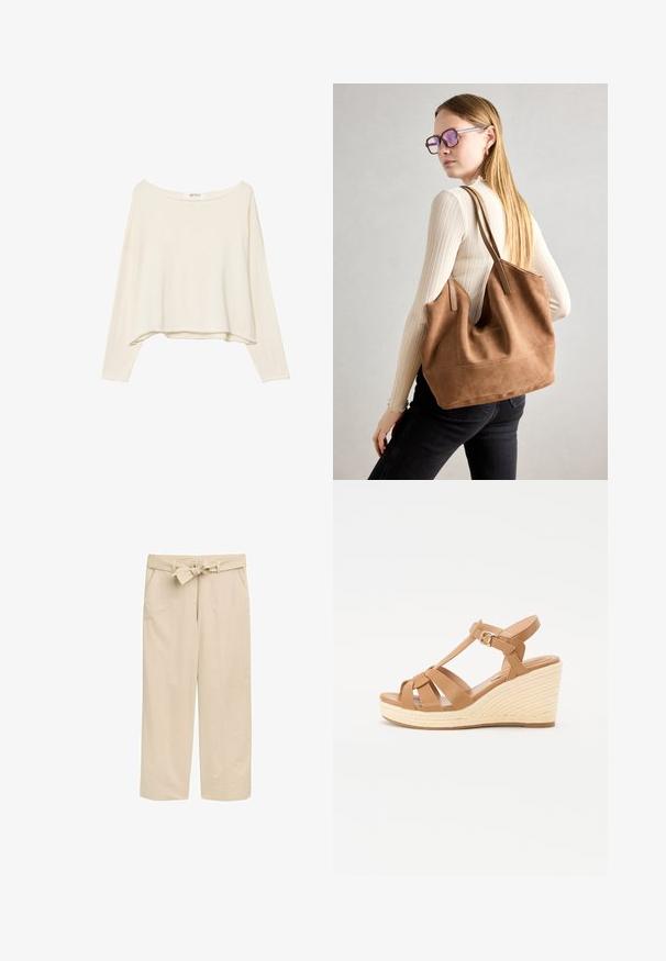 Vaaleanbeige lyhythihainen huppari, jossa on leveä kaula-aukko, pitkät hihat ja pehmeä, teksturoitu kangas. Ominaisuutena rento, laatikkomainen muoto.; Beige leveillä lahkeilla housuilla, joissa on teksturoitu vyö, kaksi sivutaskua ja siisti helma. Valmistettu kevyestä kankaasta mukavuutta varten.; Tan wedge-sandaalit, joissa on ristityyppinen malli, säädettävä nilkkabuckle ja teksturoitu kudottu espadrilles-tyylinen korko.; Ruskea nubukkivuoriolaukku, jossa on pehmeä rakenne, tilava avaus ja pitkät hihnat. Ominaisuuksiin kuuluu yksinkertainen muotoilu näkyvine ompeleineen ja ilman metalliosia.