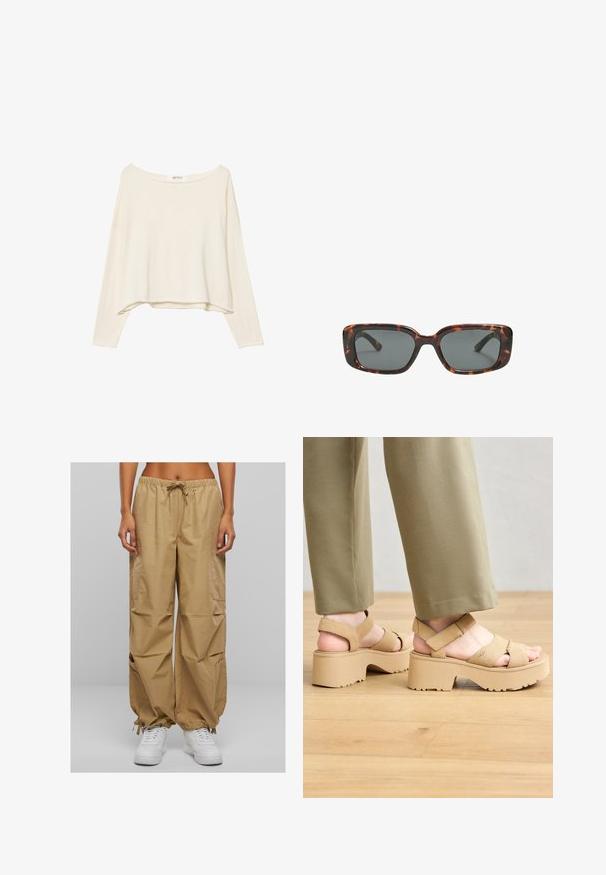 Světle béžový zkrácený svetr s širokým výstřihem, dlouhými rukávy a měkkou, texturovanou tkaninou. Má uvolněný, boxy střih.; Beige cargo kalhoty s elastickým pasem, stahovací šňůrkou a bočními kapsami. Mají nařasené manžety a lehký, hladký materiál.; Béžové sukně platformové sandály se širokými pásky a robustní podrážkou. Mají nastavitelné zadní pásky a texturovanou podrážku pro lepší přilnavost.; Sluneční brýle ve stylu želvoviny s obdélníkovými čočkami, silnými rámy a tmavými zbarvenými čočkami. Hladký povrch a minimalistický design.