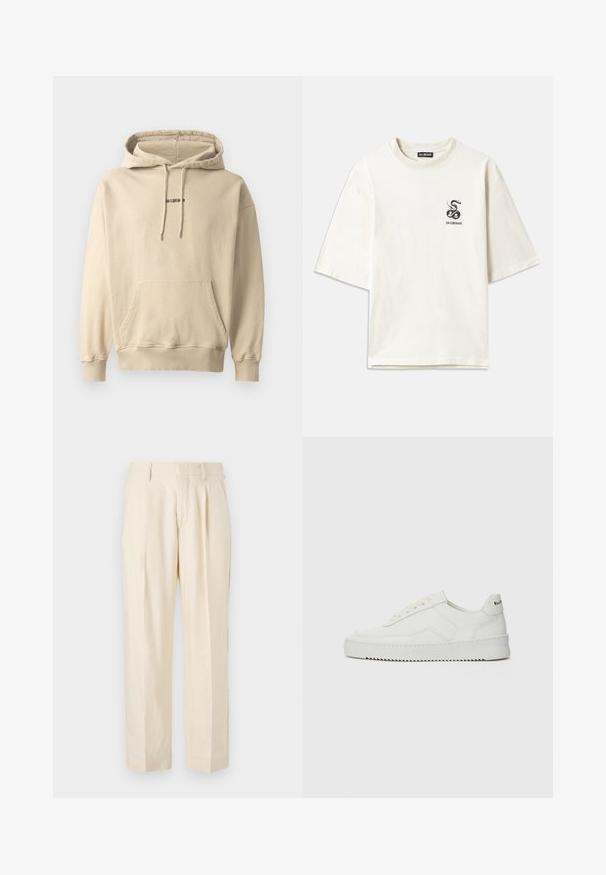 Licht beige hooded sweatshirt gemaakt van een katoenmix. Heeft een voorzak, ribgebreide manchetten en een klein merklogo op de borst.; Crème-kleurige oversized T-shirt van katoen. Heeft korte mouwen en een kleine zwarte slang graphic op de linkerborst.; NN.07 KAY - Broek - off white; Witte leren sneaker met een gladde afwerking, ronde neus, platte veters en een gestructureerde zool. Kenmerkt zich door een subtiel logo op de hiel.