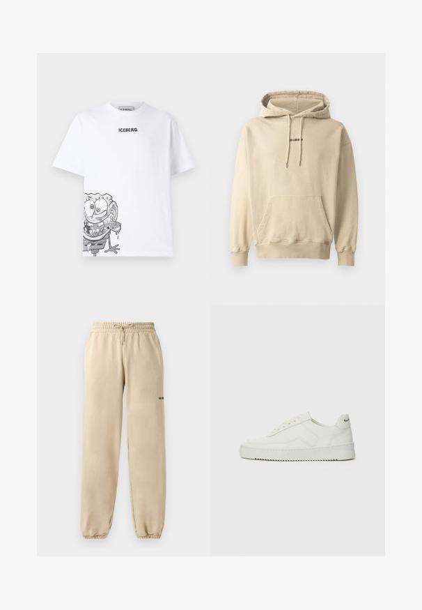 Světle béžová mikina s kapucí vyrobená z bavlněné směsi. Má přední kapsu, žebrované manžety a malé logo značky na hrudi.; Bílá bavlněná tričko s šedou grafiku karikatury na dolním levém rohu a logem "ICEBERG" tištěným černě nad ním.; Béžové tepláky s elastickým pasem a šňůrkou, s manžetami na lemu a minimálním brandingem na boku. Hladká textura.; Bílé kožené tenisky s hladkým povrchem, kulatou špičkou, plochými tkaničkami a texturovanou podrážkou. Na patě se nachází nenápadné logo.