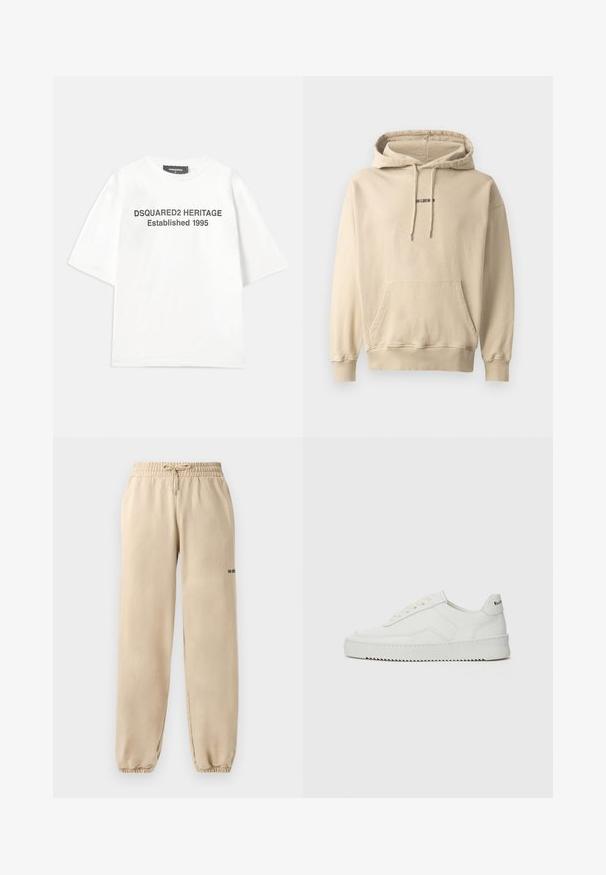 Sudadera con capucha de color beige claro, hecha de una mezcla de algodón. Presenta un bolsillo frontal, puños acanalados y un pequeño logotipo de la marca en el pecho.; Dsquared2 Camiseta estampada - white; Pantalones de chándal beige con cintura elástica y cordón, que presentan un dobladillo acampanado y una marca mínima en el costado. Textura suave.; Zapatilla de cuero blanca con un acabado suave, puntera redonda, cordones planos y suela texturizada. Cuenta con un sutil logo en el talón.