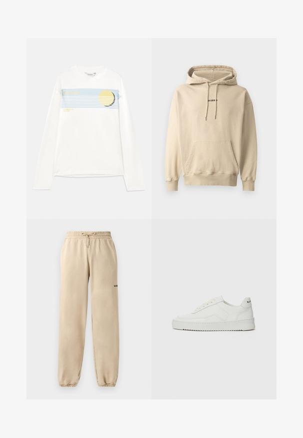 Licht beige hooded sweatshirt gemaakt van een katoenmix. Heeft een voorzak, ribgebreide manchetten en een klein merklogo op de borst.; Witte lange mouwen t-shirt met een blauwe grafische streep, een gele cirkelvormige tekening, en de tekst "Holzweiler" en "ZOMER 25 DE ZON." Zachte katoen.; Beige joggings met een elastische tailleband en trekkoord, met een geribbelde zoom en minimale merkvermelding aan de zijkant. Soepele textuur.; Witte leren sneaker met een gladde afwerking, ronde neus, platte veters en een gestructureerde zool. Kenmerkt zich door een subtiel logo op de hiel.