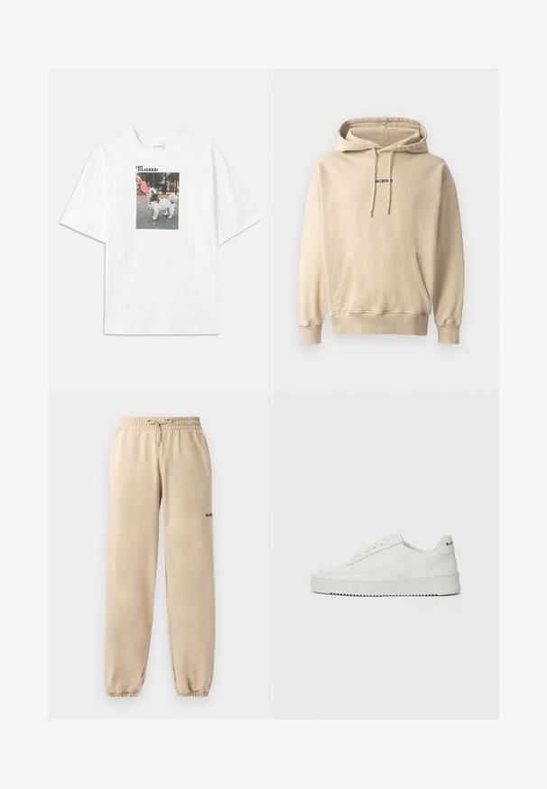 Gaiši bežs kapuces džemperis, kas izgatavots no kokvilnas maisījuma. Iespējo priekšējo kabatu, ribinātus piedurknes un mazu zīmola logo uz krūškurvja.; Balta kokvilnas T-kreklu ar taisnstūra fotogrāfiju, kurā redzams suns ar rozā lidmašīnu. Virs attēla ir teksts "Palieciet SLĒGTI".; Beige sporta bikses ar elastīgu jostasvietu un saites stīgu, ar aproci apakšmalā un minimālu apzīmējumu sānos. Gluda tekstūra.; Baltas ādas sneakers ar gludu virsmu, apaļu pirkstu daļu, plakaniem šņorēm un teksturētu zoli. Satur diskrētu logotipu uz papēža.