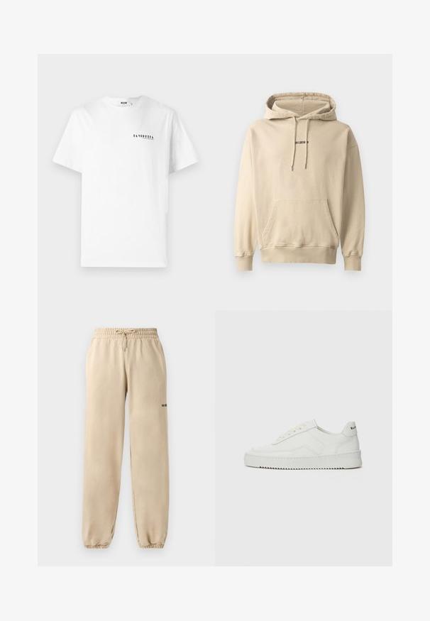 Light beige hooded sweatshirt made of cotton blend. Features a front pocket, ribbed cuffs, and a small brand logo on the chest.; White cotton t-shirt with a crew neck, featuring a small black graphic text "LA VEDDITA" on the front left chest area.; Beige sweatpants with an elastic waistband and drawstring, featuring a cuffed hem and minimal branding on the side. Smooth texture.; White leather sneaker with a smooth finish, round toe, flat laces, and a textured sole. Features a subtle logo on the heel.