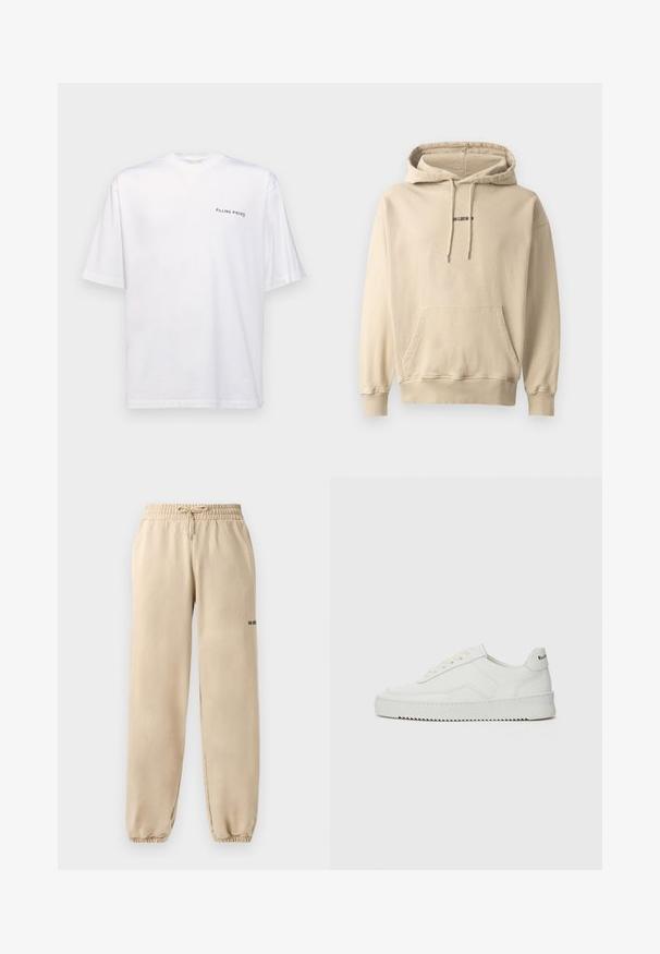 Světle béžová mikina s kapucí vyrobená z bavlněné směsi. Má přední kapsu, žebrované manžety a malé logo značky na hrudi.; Bílé tričko s krátkým rukávem z bavlny s výstřihem do V, na levé straně se nachází černé logo "FILLING PIECES".; Béžové tepláky s elastickým pasem a šňůrkou, s manžetami na lemu a minimálním brandingem na boku. Hladká textura.; Bílé kožené tenisky s hladkým povrchem, kulatou špičkou, plochými tkaničkami a texturovanou podrážkou. Na patě se nachází nenápadné logo.