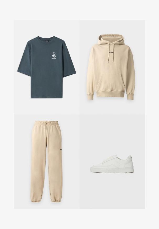 Hanorac cu glugă de culoare bej deschis, realizat dintr-un amestec de bumbac. Dispune de o buză frontală, manșete ribbate și un mic logo al mărcii pe piept.; Tricou gri din bumbac cu mâneci scurte, având un mic grafic cu un șarpe alb pe partea stângă și o croială lejeră, cu o textură netedă.; Pantaloni de trening bej cu talie elastică și șnur de ajustare, având un tiv răsucit și branding minimal pe lateral. Textură netedă.; Sneakers din piele albă cu un finisaj neted, vârf rotund, șireturi plate și o talpă texturată. Prezintă un logo subtil pe călcâi.