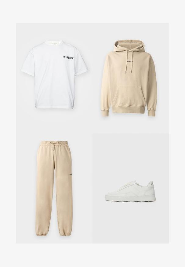 Šviesiai smėlinis gobtuvėlis, pagamintas iš medvilnės mišinio. Turi priekinę kišenę, raukšlėtus rankogalčius ir mažą prekės ženklą ant krūtinės.; MISBHV COMMUNITY - Marškinėliai su spaudiniu - white; Bežiniai treningai su elastinga juosta ir raišteliu, su užlenktais apvadu ir minimaliais išrašais ant šono. Lygi tekstūra.; Balti odiniai sportiniai bateliai su lygia apdaila, apvaliu pirštu, plokščiais raišteliais ir tekstūruotu padu. Pasižymi subtiliu logotipu ant kulno.