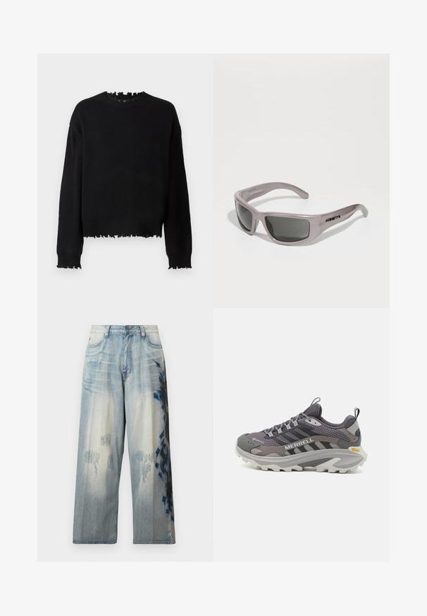 Mustapaita pitkähihaisella mallilla, jossa on viillettyjä rispaantuneita reunoja kaula-aukossa, hihansuissa ja helmaa, esitetty vaaleaa taustaa vasten.; Vaaleansinisiä farkkuja, joissa on leveä lahje, repaleinen muotoilu ja abstraktit mustat ja siniset kuviot toisella puolella. Klassinen viiden taskun tyyli.; Merrell MOAB SPEED GTX MIT VIBRAM MIT NXT BEHANDLUNG ZUR GERUCHSREDUZIERUNG - Vaelluskengät - asphalt; Arnette ZYME - Aurinkolasit - metallic silver-coloured