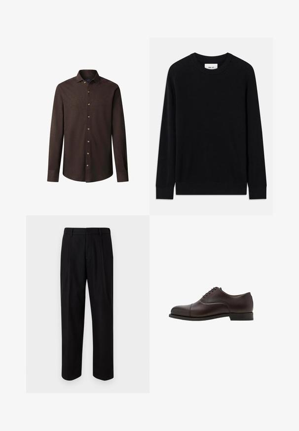 Schwarzer gerippter Pullover mit Rundhalsausschnitt, langen Ärmeln und gestrickter Textur. Verfügt über einen geraden Saum und ein dezentes Markenlabel innen.; Dunkelbraunes Langarmhemd mit Knöpfen, spitzem Kragen und dezentem gesticktem Logo auf der linken Brust.; Schwarze maßgeschneiderte Hosen mit geradem Bein, glattem Stoff und einem mittelhohen Bund mit Gürtelschlaufen.; Braunes Lederdressschuh mit runder Zehenform, schlichter Vorderblattgestaltung und sechs Ösen für Schnürsenkel. Mit niedrigem Absatz und glatter Textur.