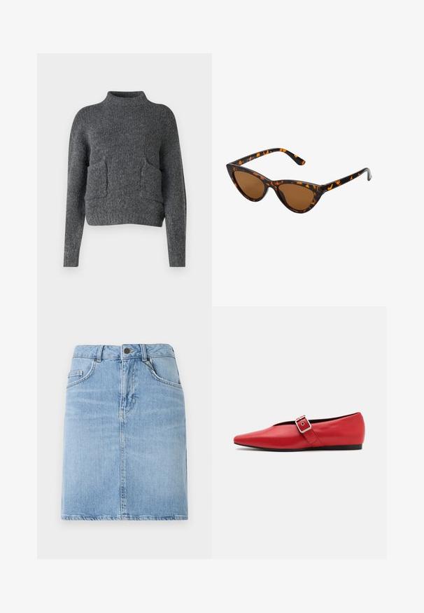 Grijze, korte trui gemaakt van textiel met een structuur. Heeft een hoge halslijn en twee voorzakken met een ontspannen pasvorm. Lange mouwen.; Lichtblauwe spijkerrok met een rechte snit, heeft voorzakken en een knoopsluiting. Textuurafwerking met minimale vervaging.; Rode leren platte schoen met een spitse neus, voorzien van een zijkant band met een metalen gesp en een lage zwarte hak. Gladde textuur overal.; Cat-eye zonnebril met een zwart en oranje schildpadframe, bruine lenzen en slanke, puntige uiteinden. Bevat een minimalistisch logo op de poot.