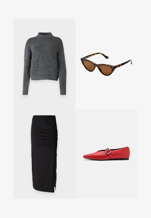 Sivkasta, skrajšano pulover iz teksturirane tkanine. Ima visok ovratnik in dve sprednji žepi, sproščen kroj. Dolgi rokavi.; Noisy May NMDESTINY RUCHING SKIRT - Krilo A-kroja - black; Rdeče usnjene balerinke s koničastim nosom, z bočnim trakom z kovinsko sponko in nizko črno peto. Gladka tekstura po celotni površini.; Mačje oči sončna očala z okvirom v črno-oranžni želvej ohišji, rjavimi lečami in elegantnimi, ostrimi konicami. Imajo minimalistični logo na ročaju.